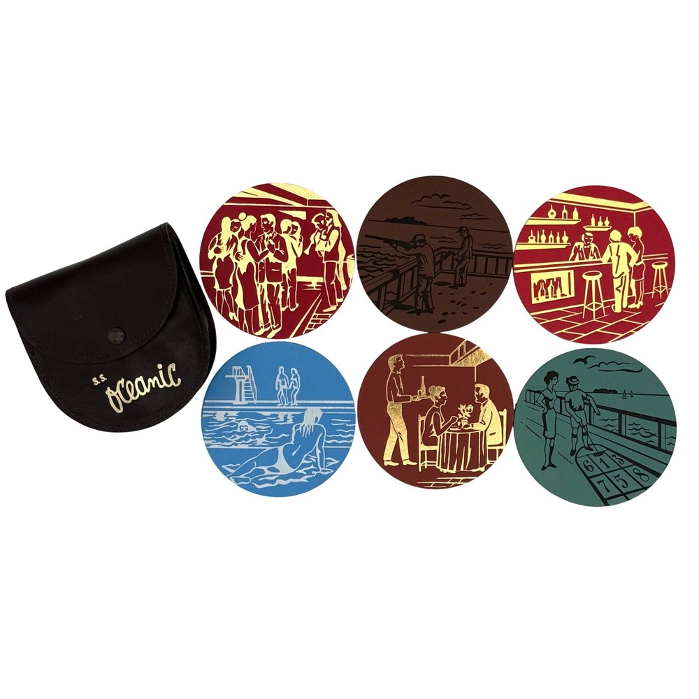 Vintage MCM 60's SS Oceanic Cruise Ship Gold Stamp Coaster Set Ship of Tomorrow